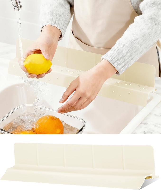 Kitchen Sink Splash Guard 18" Self-Draining Silicone Water Guard with High Splash Wall & Strong Suction Cups for Faucet, Countertop & Sink Edge, Keeps Sinks Dry, Dishwasher Safe,Cream