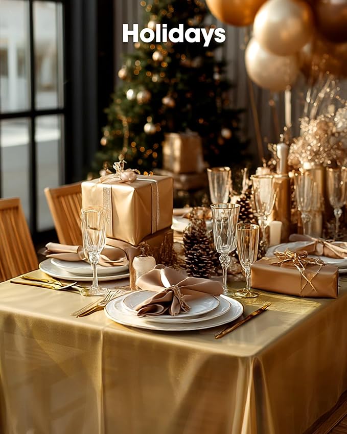 Pureegg Plastic Table Cloth Disposable 10 Pack, 54 x 108 Inch Table Cloths, Graduation Decorations, Thanksgiving, Christmas Tablecloths, Rectangle, Plastic Cover, Leakproof & Sturdy, Gold