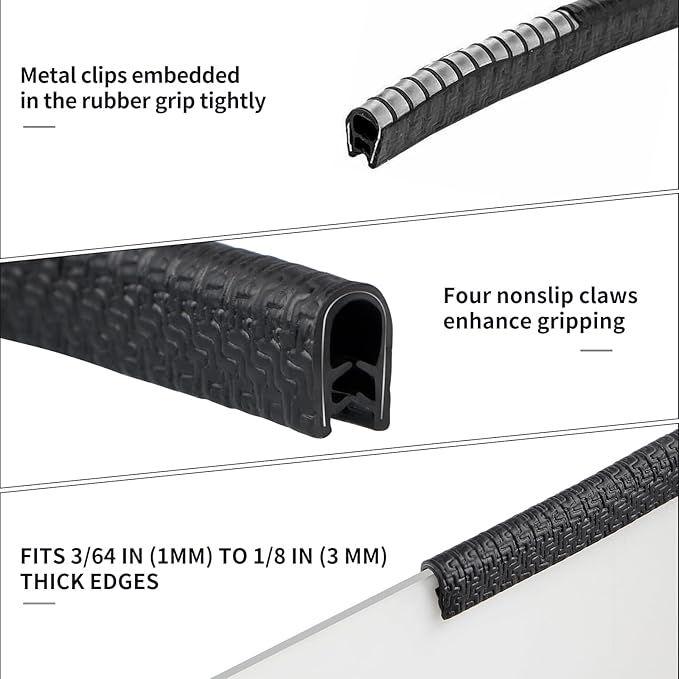Rubber Edge Trim Guard 10ft/3m, Adhesive Free Door Edge Protector, U Shape Edge Seal Strip with Embedded Metal Clips Fits 3/64" to 1/8" Thick Edges (Black)
