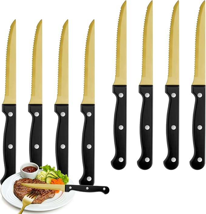 Gold Steak Knives Set of 8, Sharp Triple Rivet Steak Knife, High-Carbon Stainless Steel Serrated Blades, Ergonomic Handles Serrated Steak Knives, Dinner Knife for Kitchen Restaurant, Dishwasher Safe