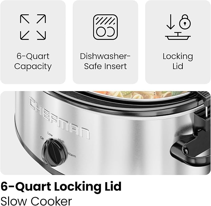 Chefman 6 Quart Slow Cooker with Locking Lid, Ceramic Crock with Portable Cook and Carry Travel Latching Lock, Large Easy Clean Dishwasher Safe Pot Insert, Manual 3 Heat Settings, Stainless Steel