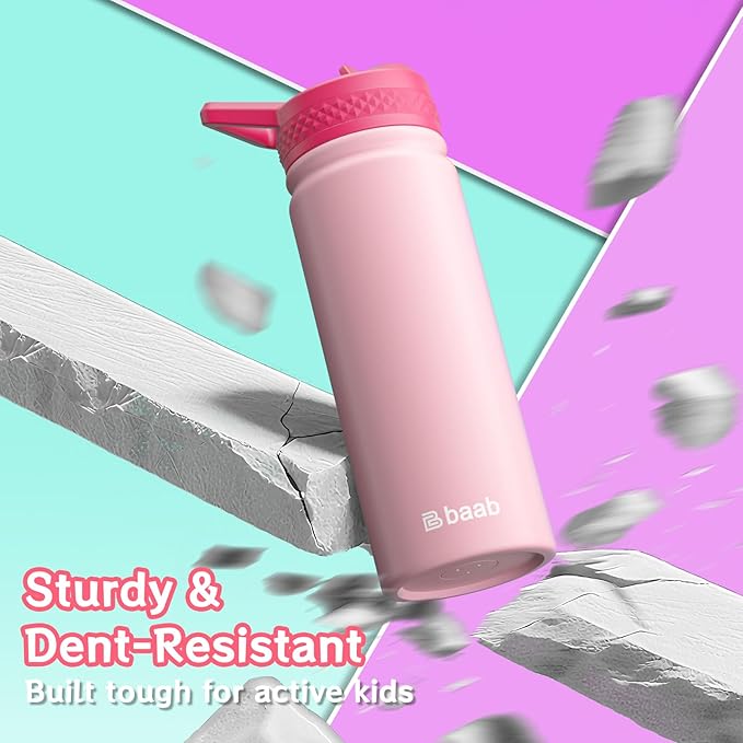 baab 18oz Kids Water Bottle, Insulated Water Bottle with Straw & Stickers, 18/8 Stainless Steel Vacuum Leakproof Kids Water Straw Cup for School, Perfect for Boy Girl (Rose Pink, 1 Pack)