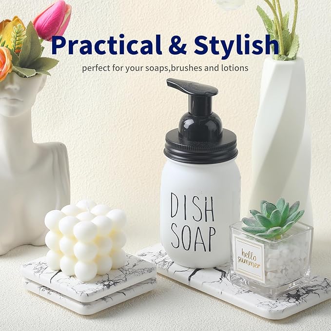 Water Absorbing Stone Tray for Sink, 3PCS Fast Drying Diatomaceous Earth Set - 1 Soap Tray & 2 Coasters for Bathroom Counter, Kitchen, Natural Stone Drying Mat (Marble White)