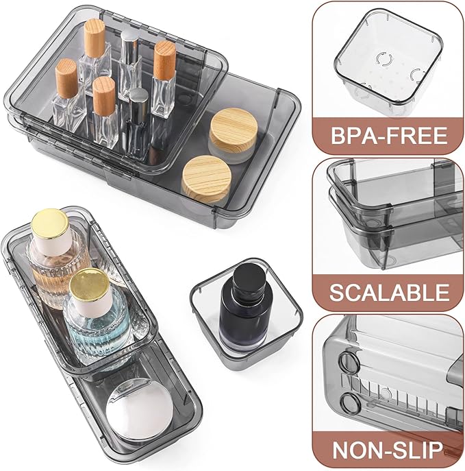 14 Pcs Clear Drawer Organizer, Adjustable Drawer Storage Box, 3-Size Desk Drawer Organizer, Acrylic Storage Bins for Makeup, Kitchen Utensils, Bedroom Dressers Tool Organizer for Gadgets, Black