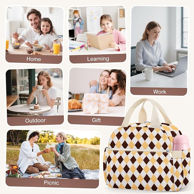 KUBYA Lunch Box for Women, Cute Corduroy Grid Insulated Lunch Bag Women Reusable Work Leakproof Simple Adults Large Lunch Boxes Tote Bag Men Cooler Bag