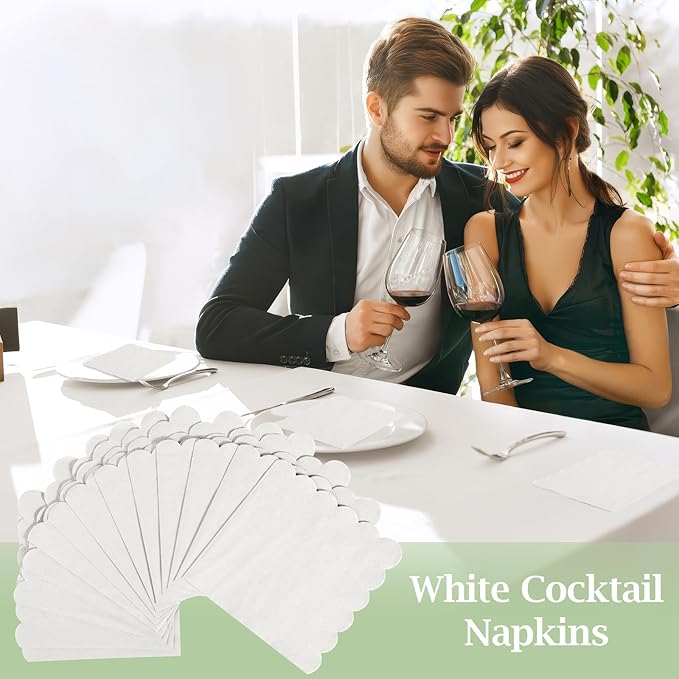100 Pcs Cocktail Napkins, 2-Ply 5 x 5 Inches Disposable Scalloped Napkins, Thick Premium Dessert Napkins for Party, Wedding, Dinner, Birthday, Anniversary, Festival (White)