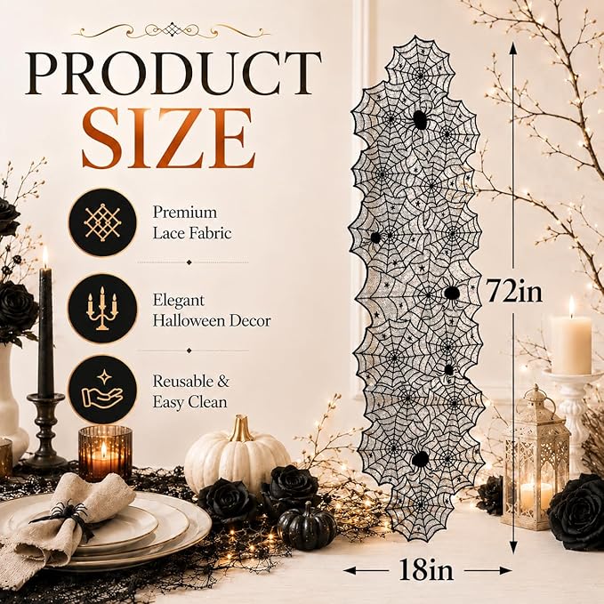 Halloween Decorations - Black Lace Spider Web Table Runner | Halloween Decor Party Favors Supplies for Indoor Outdoor - Halloween Table Centerpiece Decor for Home Office Dining Kitchen, 18 X 72 Inch