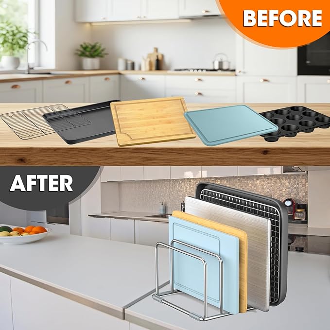 304 Stainless Steel Cutting Board Organizer Rack – Rustproof Compact 4-Slot Holder for Thin Cutting Boards and Plates – Premium Kitchen Storage Solution for Countertops and Cabinets