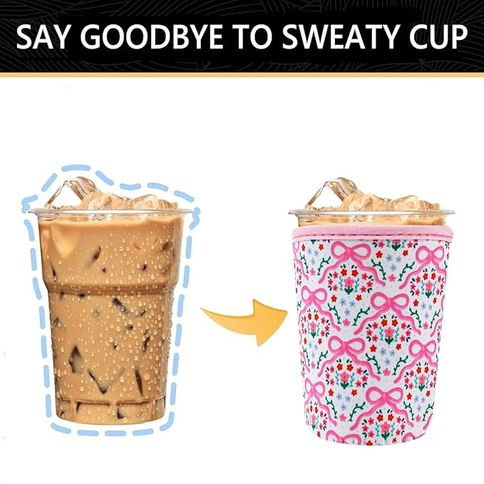 YR Reusable Neoprene Insulator Sleeve for Iced Coffee Cups, 3 Pack Coffee Coolies sleeves for Iced & Hot Drinks, Cold Beverage Cooler Compatible with Starbucks Coffee and More (Pink Bows)