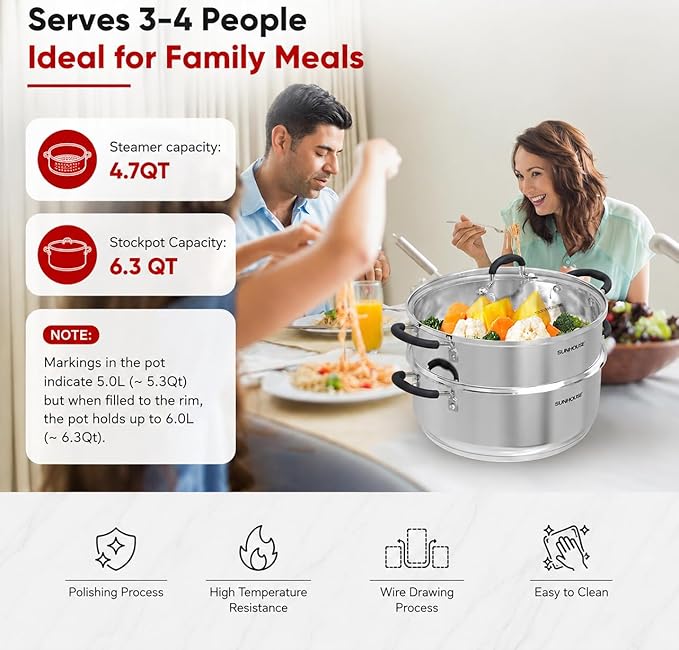 SUNHOUSE Stainless Steel Steamer Pot for Cooking - 6.3 QT Steaming Pot with Glass Lid & Steamer Basket - 2 Tier Tri-ply Vegetable Steamer with Stay-Cool Silicone Handles - Induction Compatible