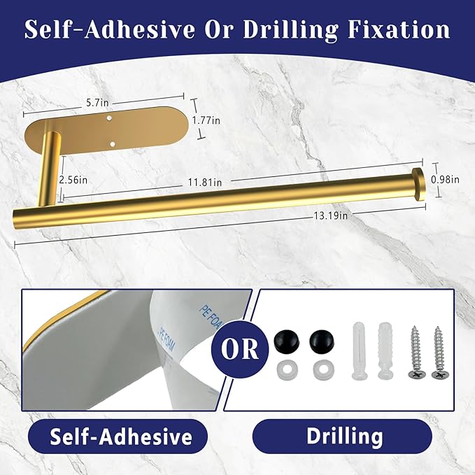 Paper Towel Holder, Self Adhesive or Drilling Paper Towel Holder Under Cabinet, Stainless Steel Paper Towel Holders Wall Mount for Kitchen, Bathroom, Sink, Pantry, Fridge (Gold)