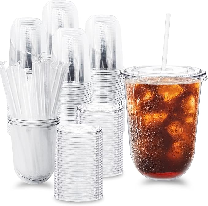 Alaeseje 100 Pack Clear Plastic Cups with Lids and Straws,16 oz Disposable Iced Coffee Cups,PET Crystal Cups,Round Bottom To Go Cup for Iced Coffee Juice Smoothie Cold Beverage