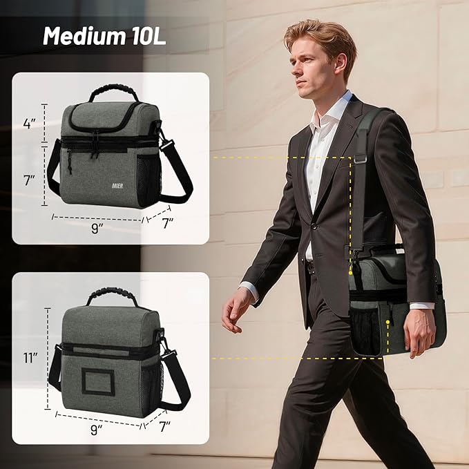 MIER Insulated Lunch Box Dual Compartment Lunch Bag Leakproof Cooler for Men Women Adult Work, Grey, Medium (Upgraded Extra-Tall Bottom Layer)