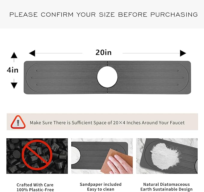 Stone Faucet Mat for Kitchen Sink, Diatomite Fast Drying Absorb Moisture Tray, Prevents Water Buildup, Durable Anti-slip Splash Guard Sink Protector (Dark Gray, 20“x4”)