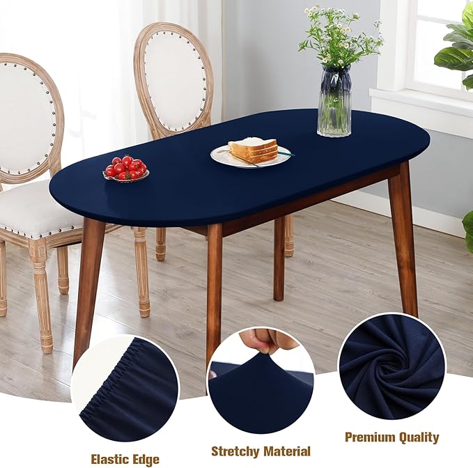 Fitted Oval Tablecloth 42 x 60 Inch Elastic Table Cloth, Stretch Spandex Table Cover Navy Washable Polyester Top Cap Cover for Dining Picnic Camping Indoor and Outdoor