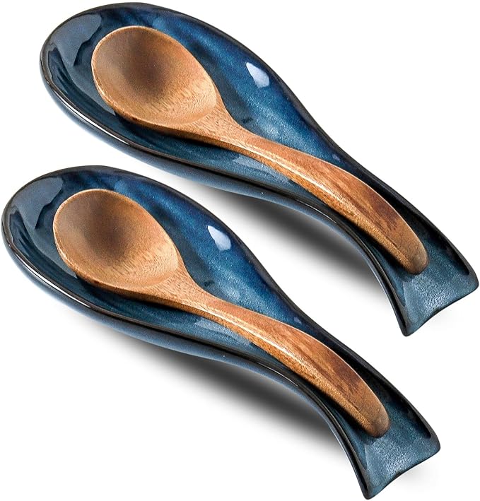 Ceramic Spoon Rest for Stove Top,Large 8.7 Inch Spoon Holder for Kitchen Counter,Porcelain Utensil Rest for Thankgiving and Christmas Gift,Dishwasher Safe and Heat-Resistant,Blue(2 PC)
