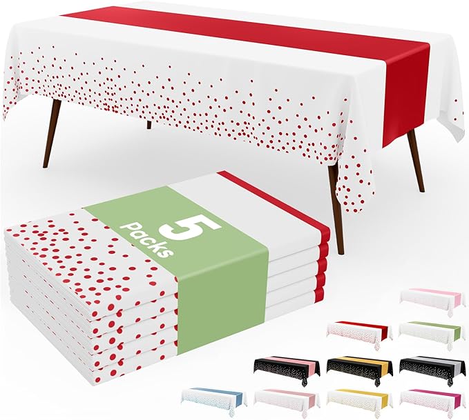 Smiry Plastic Table Cloth Disposable 5 Pack, 54 x 108 Inch Rectangle Waterproof Tablecloth, Printed Gold Table Runner Style for Birthday Weeding, Party Decorations, Leakproof & Sturdy, White and Red