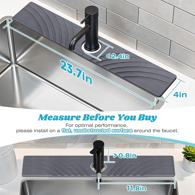 Stone Faucet Mat for Kitchen Sink - Fast Drying Diatomite Stone Drying Mat, Textured Drainage Sink Protector, Water Splash Guard with Base Pads for Bathroom Counter (23.7x4 in, Dark Gray)