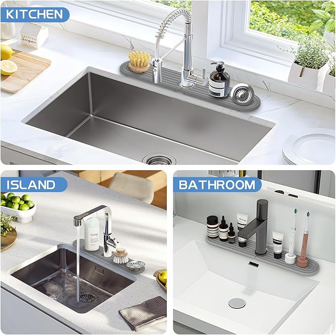 Stone Faucet Mat for Kitchen Sink, Water Absorbent Fast Drying Stone Tray for Sink , Quick Dry Diatomite Splash Guard for Bathroom Counter to Prevent Moisture Buildup, 23.6" x 4", Dark Grey