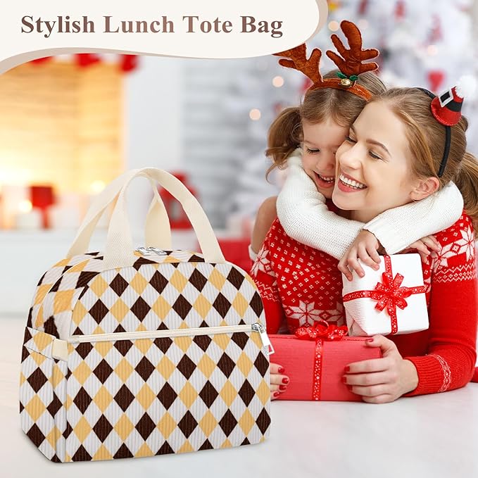 KUBYA Lunch Box for Women, Cute Corduroy Grid Insulated Lunch Bag Women Reusable Work Leakproof Simple Adults Large Lunch Boxes Tote Bag Men Cooler Bag