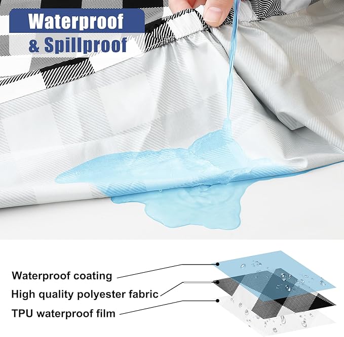 Smiry Picnic Table Cloth 2 Pack, Waterproof Elastic Fitted Tablecloths for 36x60 Rectangle Tables, Washable Polyester Buffalo Plaid Tablecloth for Camping, Dining & Outdoor (Black & White, 36" x 60")