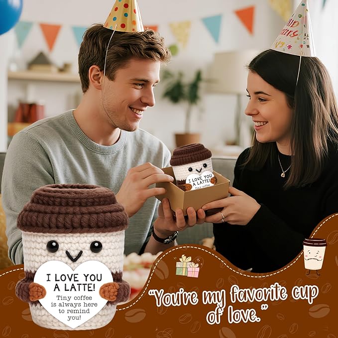 OCCdesign Mini Anniversary Birthday Gift I Love You Appreciation Present for Teacher Mom Dad Handmade Crochet Coffee Set with Coffee Lover Gifts Thank You Birthday Present