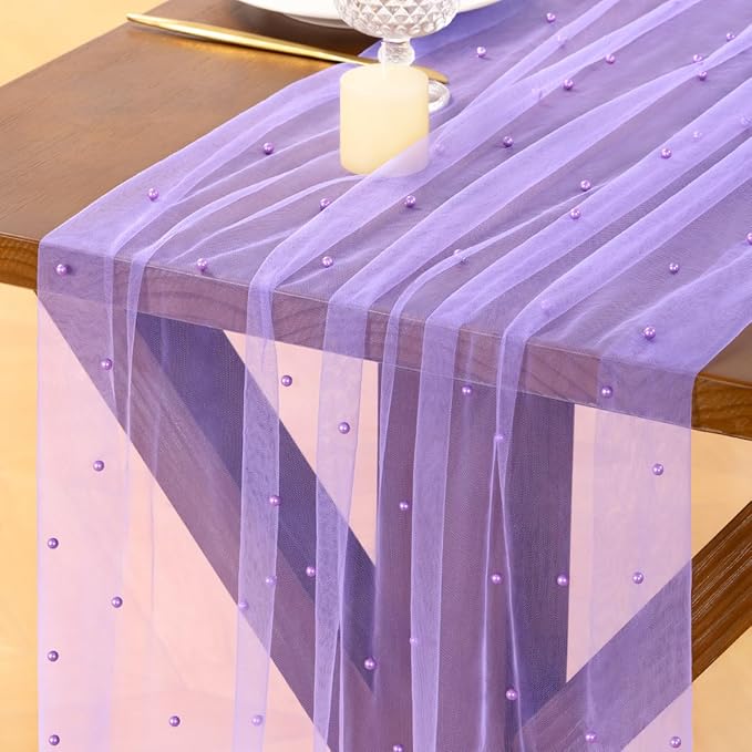 Socomi Pearl Table Runner Tulle Summer Cheesecloth 10FT Gauze Cheese Cloth Sheer Chiffon Wedding Birthday Party Baby Shower Bridal Anniversary Holiday Centerpiece Table Decor 3pcs Purple