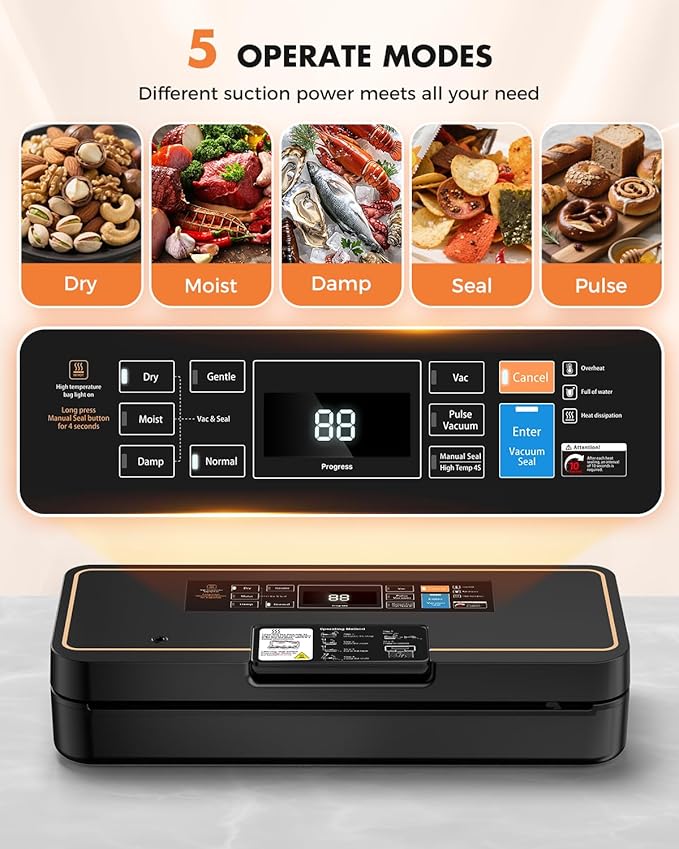 Vacuum Sealer for Food, 95kPa Food Saver Machine, 135W Fast-Sealing with Easy Tear Cutter, Built-in Bag Storage, 9-in-1 Compact with 10 ft Bag Roll