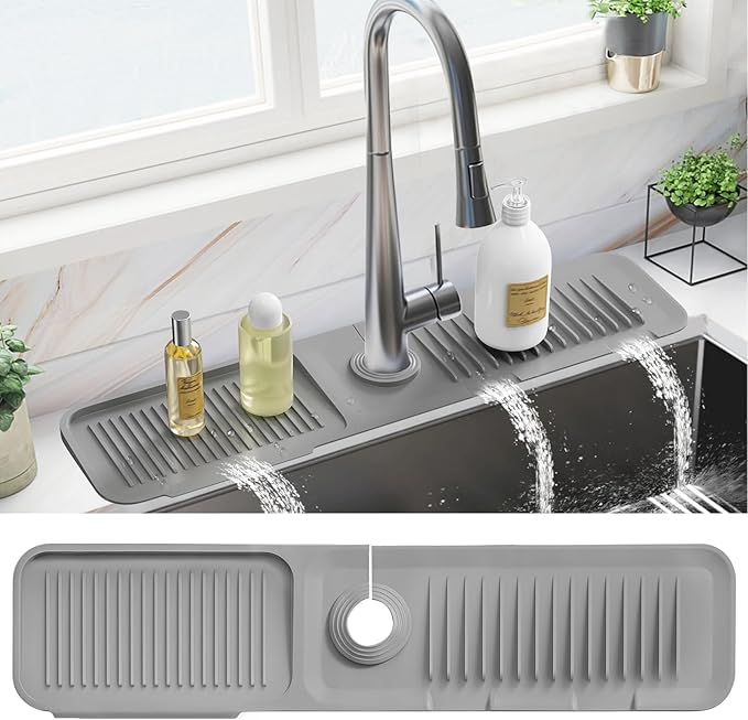 PoYang 24 Inch Faucet Mat for Kitchen Sink Splash Guard Behind Faucet, Sink Protectors for Kitchen Sink Faucet Mat Splash Guard for Kitchen Sink Area, Longer Silicone Faucet Guard & Draining Mat, Grey