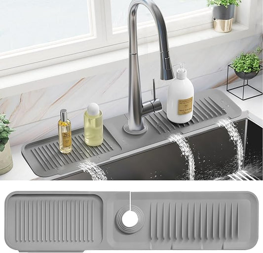 PoYang 24 Inch Faucet Mat for Kitchen Sink Splash Guard Behind Faucet, Sink Protectors for Kitchen Sink Faucet Mat Splash Guard for Kitchen Sink Area, Longer Silicone Faucet Guard & Draining Mat, Grey