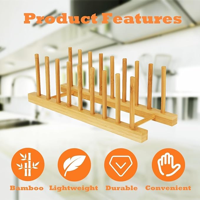 Bamboo Dish Drying Rack Kitchen Cabinet Organizer, Plate Pot Lid Organizer, Wooden Drying Rack Stand Drainer for Dish, Pots, Lids, Bowls, Cups, and Cutting Boards and Books (2PCS)