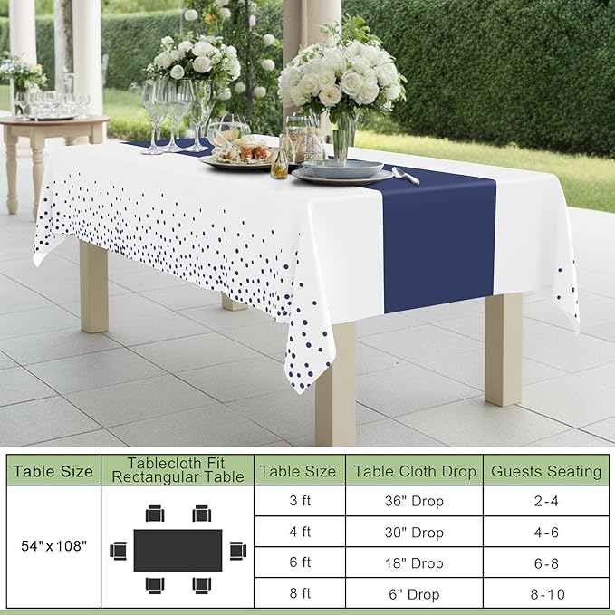 Smiry Plastic Table Cloth Disposable 8 Pack, 54 x 108 Inch Rectangle Waterproof Tablecloth, Printed Gold Table Runner Style for Birthday Weeding, Party Decorations, Leakproof & Sturdy, White and Navy
