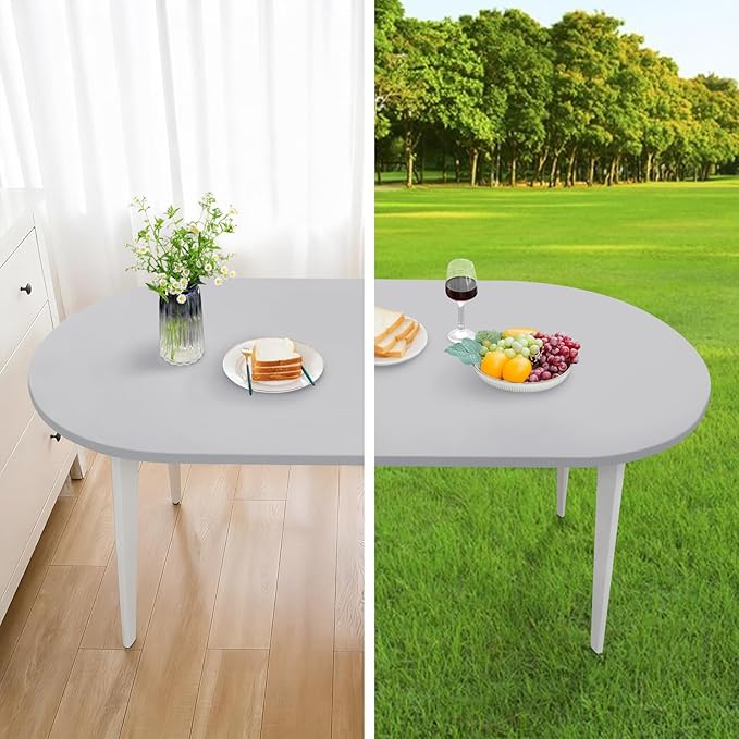 NEWISHER Fitted Oval Tablecloth 42 x 60 Inch Elastic Table Cloth, Stretch Spandex Table Cover Silver Washable Polyester Top Cap Cover for Dining Picnic Camping Indoor and Outdoor