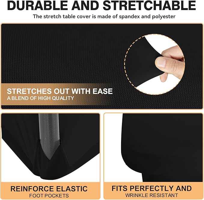 10 Pack 4 Feet Black Spandex Tablecloth for Rectangular Tables, Fitted & Stretch, Washable, Wrinkle Resistant, Perfect for Event, Wedding, Party, Banquet, Cocktail, Festival, and Table Protector