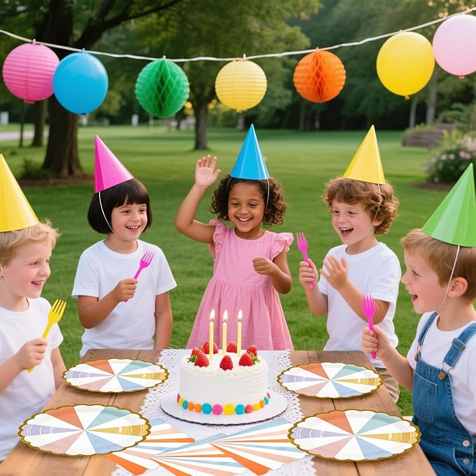 50PCS Colorful Striped Paper Plates and Napkins Party Supplies, 7 inch Disposable Gold Foil Scalloped Dessert Plate Pastel Party's Favors for Birthday Wedding Bachelorette Candy Party Decorations