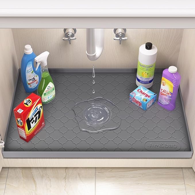 Jin&Bao Waterproof Under Sink Mat 34" x 19", Thick Silicone Mat Cabinet Protector for Kitchen and Bathroom, Shelf Liner, Home Organizer and Storage, Multipurpose Tray for Gadgets and Essentials