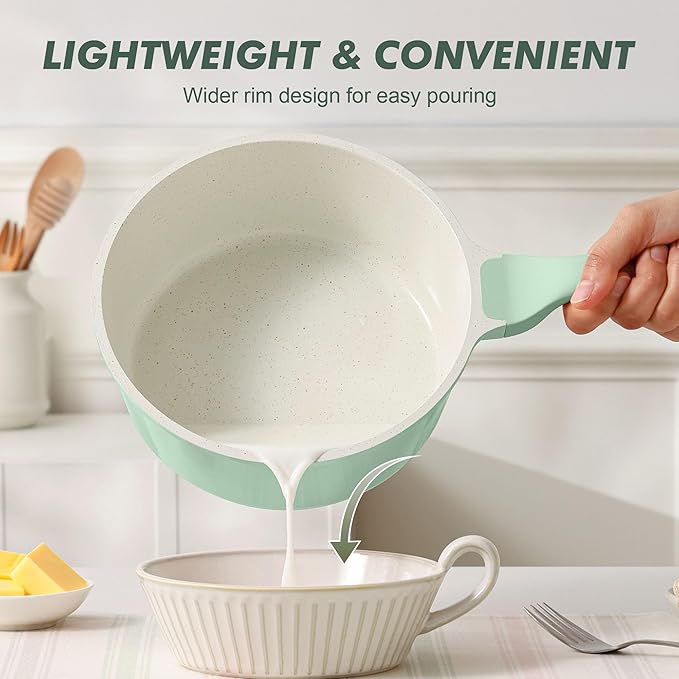 SENSARTE Ceramic Nonstick Saucepan with Lid 1.5 Quarts, Small Kitchen Cooking Pot with Stay Cool Handle, Induction Compatible, Ceramic Coating, Free of Intentionally Added PTFE/PFOA/PFAS, Green