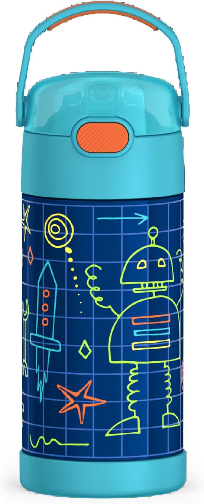THERMOS FUNTAINER Water Bottle with Straw - 12 Ounce - Kids Stainless Steel Vacuum Insulated Water Bottle with Lid, Robot Doodles