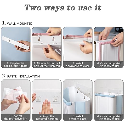 2 Pack Hanging Trash Can, 9L Collapsible Plastic Waste Bin for Cabinet Door, Wall Mounted 2.4 Gallon Foldable Small Wastebasket for Kitchen, Bathroom, Bedroom