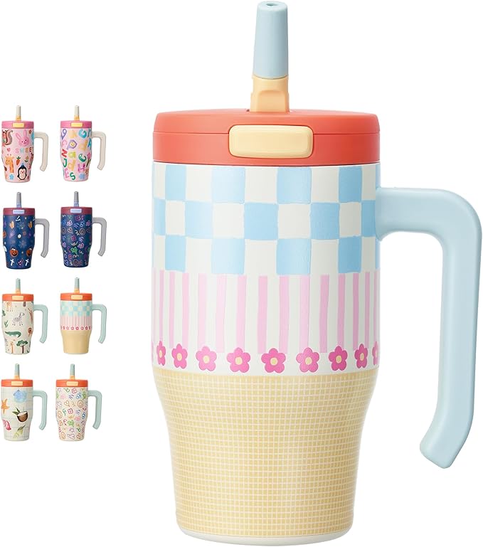 Fijinhom 18 oz Toddler Tumbler with Handle, Stainless Steel Insulated Water Bottle Coffee Mug with Straw, Toddler Cups, Kids Water Bottle for School, Sports, Travel, Checkered Petal