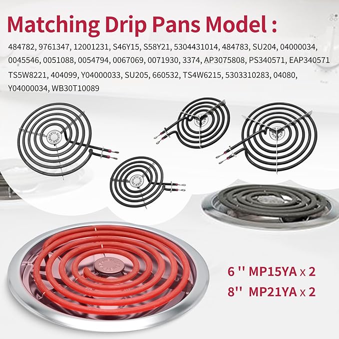 MP22YA Electric Stove Burner Element Replacement Set & W10290350 W10290353 4 Pack Black Drip Pans - Perfectly Fit Whirlpool Electric Range Stove Top