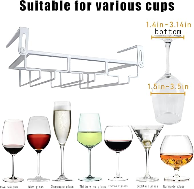 Adjustable Under Cabinet Stemware Holder - Metal Wine Glass Hanger Organizer for Kitchen, Bar, Shelf - Rustproof Hanging Storage Rack for 6-8 Glasses - Space Saving Decor (White, 3 Rows)
