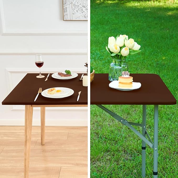 NEWISHER Fitted Rectangle Tablecloth 36 x 60 Inch Elastic Table Cloth Stretch Spandex Table Cover Brown Washable Polyester Table Top Cap Cover for Dining Picnic Camping Indoor and Outdoor