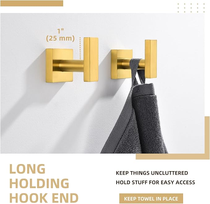 Angle Simple Towel Hooks for Bathroom, SUS304 Stainless Steel Square Robe Coat Wall Hooks, Hand Towel Holder, Brushed Dark Gold, 2 Pack