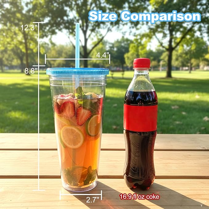 Zukro Clear Acrylic Tumbler with Straw and Lid 32 oz, Double Walled Insulated Reusable Plastic Iced Coffee Cup, To Go Cup Perfect for Parties, Birthdays, Fit in Cupholder, BPA Free, Red & Blue 2 Pack
