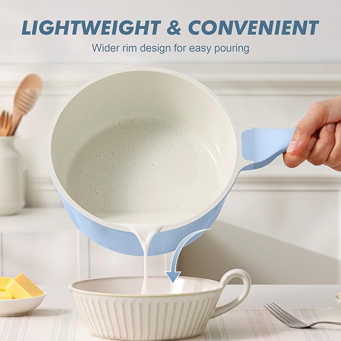 SENSARTE White Ceramic Nonstick Saucepan with Lid 2.5 Quarts, Medium Cooking Pot with Stay Cool Handle, Induction Compatible Saucepot, White Granite Coating, Free of Intentionally Added PTFE/PFOA/PFAS