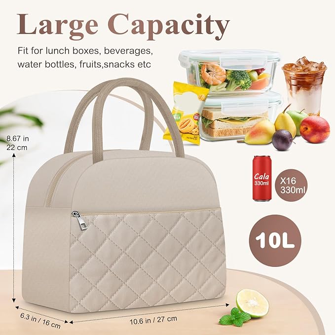 KUBYA Lunch Box for Women Adult Men Insulated Cute Quilted Lunch Bag Women Reusable Large Lunch Tote Bag Leakproof Simple Cooler Bag for Work Office Picnic Beach or Travel