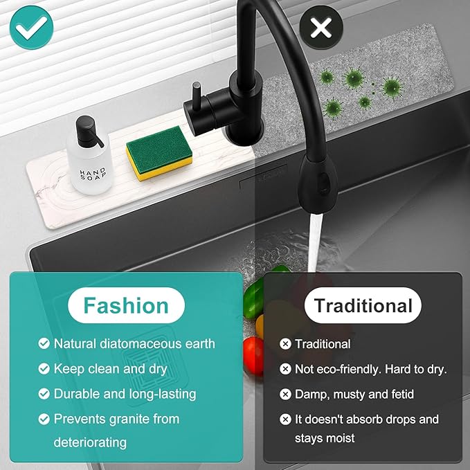 Water Absorbing Stone Drying Mat for Kitchen Counter Diatomite Faucet Mat for Kitchen Sink Quick Dry Stone Mats Bathroom White Sink Protectors Dish Drying Mats Splash Guard Home Essentials Decor