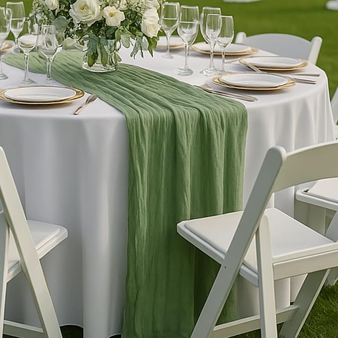 3 Pack Sage Green 10FT Cheesecloth Table Runners –120 Inch Rustic Gauze Bulk Set for Wedding Reception, Woodland Baby Shower, Garden Party, or Boho Spring Event Decor