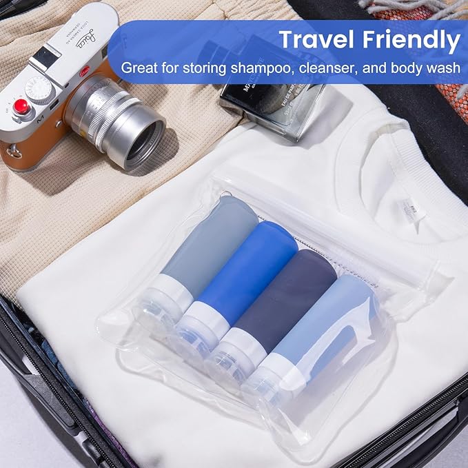 MICEBAY Condiment Squeeze Bottles for Sauces, 3-oz Mini Silicone Salad Dressing Container to Go with Snack Storage Bag, Leakproof Sauce Bottles for Lunch Box, 4 Pack, Blue